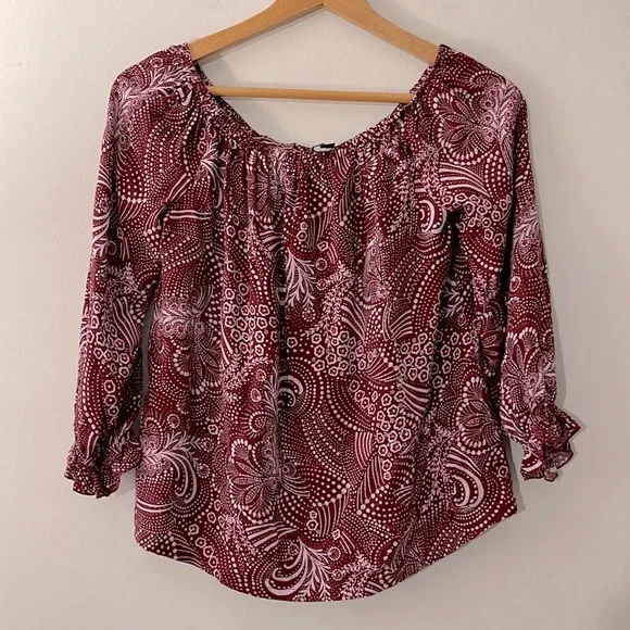 Ella Moss Revolve Wine Colored Pattern Off Shoulder Blouse Size Small - Picture 2 of 5